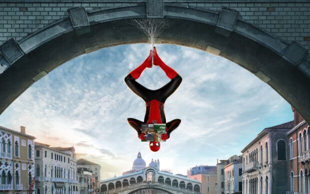 Spider Man Tom Holland reading a book in Venice cityscape, 2K Desktop Wallpaper