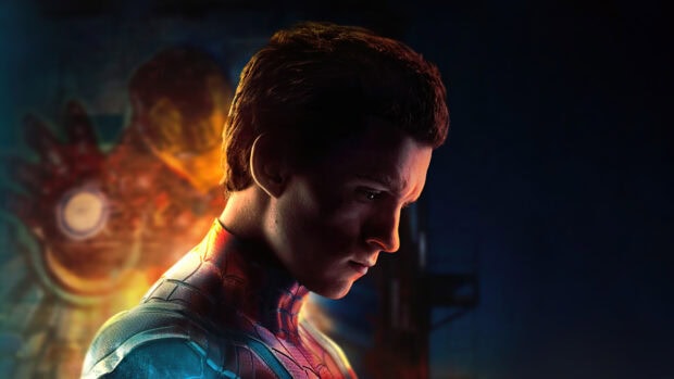 Spider Man Tom Holland looks serious in a close up side profile with a dark background, 4K Desktop Wallpaper