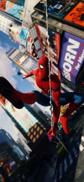 Spider Man Tom Holland is swinging through the busy city streets with a web, HD Mobile Wallpaper