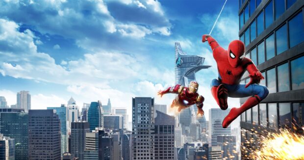 Spider Man Tom Holland swings through the city with Iron Man flying nearby, 4K Desktop Wallpaper