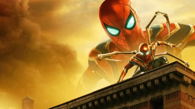 Spider Man Tom Holland is crouching on a rooftop with glowing eyes in the advanced suit, 4K Desktop Wallpaper