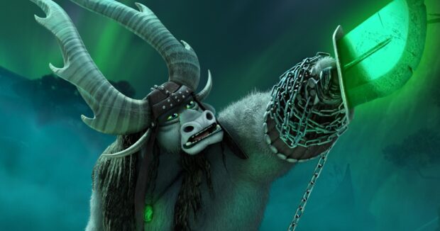 A spirit warrior grips a glowing green weapon in a dark atmosphere from Kung Fu Panda 3, 2K Desktop Wallpaper