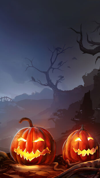 Two glowing pumpkins with scary faces in a dark eerie environment, 2K Mobile Wallpaper
