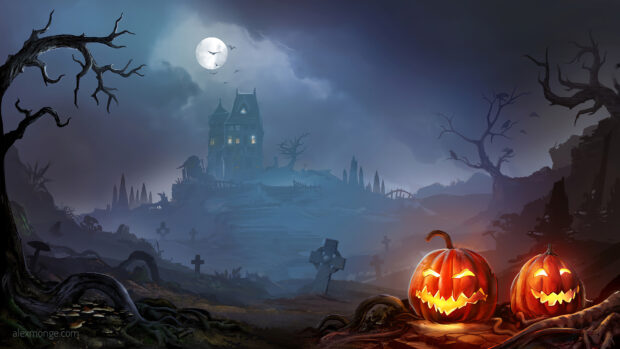 Two glowing Halloween pumpkins sit in a dark graveyard under a full moon, 4K Desktop Wallpaper