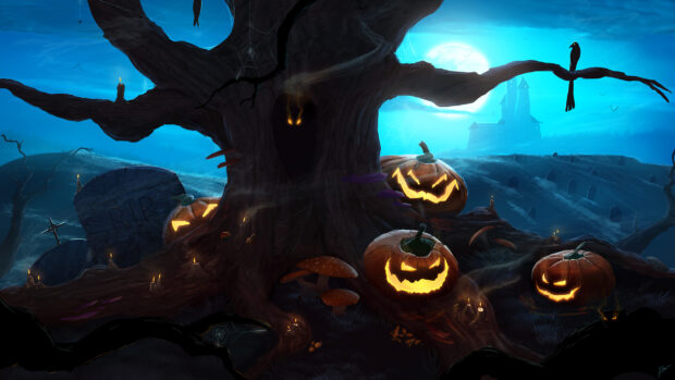 Carved Halloween pumpkins glow under a moonlit sky near an old tree with eerie eyes, 2K Desktop Wallpaper