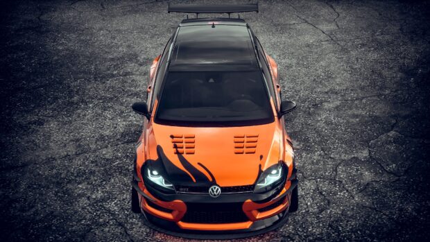 Một chiếc Volkswagen Golf Gti màu cam thể thao với các chi tiết màu đen đỗ trên mặt đường có kết cấu, Hình nền máy tính 4K