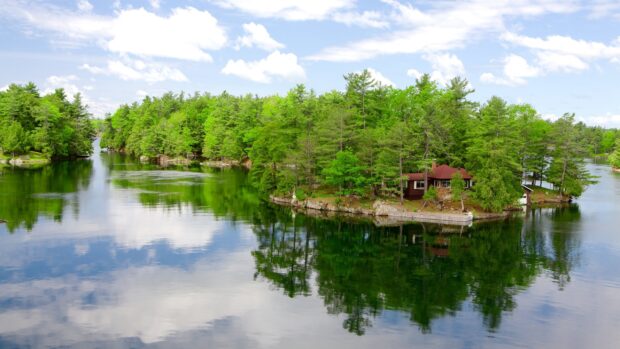 A high resolution view of the St Lawrence River with lush green trees and calm water reflections