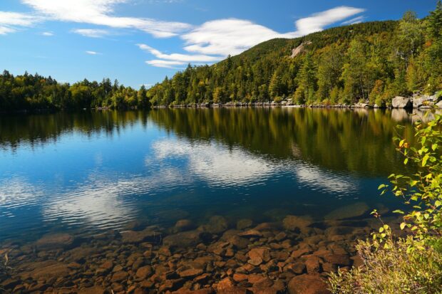 A clear view of the St Lawrence River reflecting trees and clouds under a sunny sky