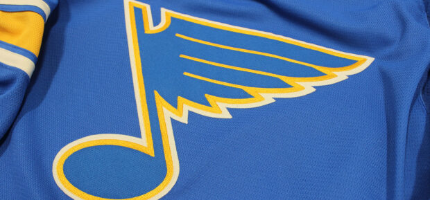 A close up shot of the St Louis Blues logo stitched on a blue fabric, 2K Desktop Wallpaper