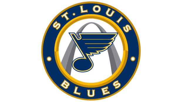 The St Louis Blues logo with the iconic arch symbol is displayed in this image, 4K Desktop Wallpaper