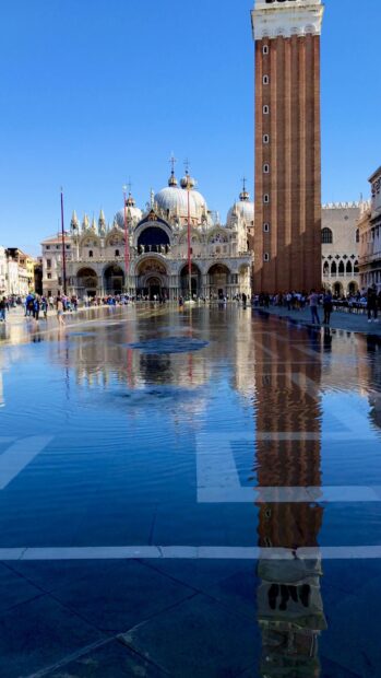 St Marks Basilica with its tall tower reflecting on the water surface in the square, 4K Phone Wallpaper