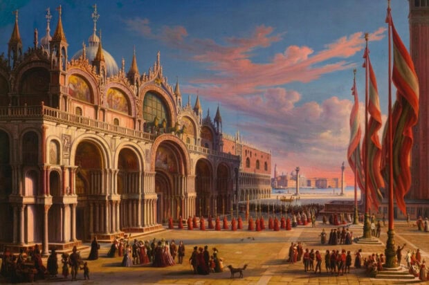 St Marks Square showcases a historic gathering under a vibrant evening sky, 2K Desktop Wallpaper
