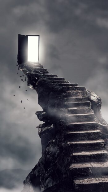 A stone staircase leads to an open door glowing brightly in a surreal cloudy landscape