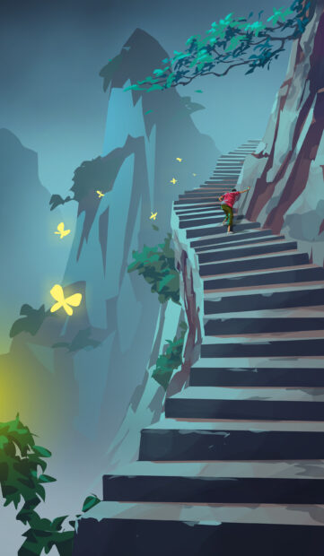 A person climbing a steep staircase carved into a cliff with glowing butterflies around