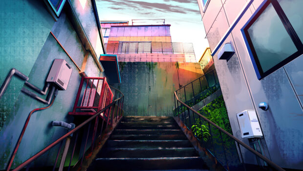 A vibrant urban staircase leading up between buildings under a colorful sky