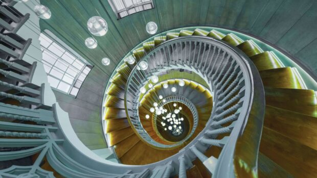 Spiral staircase design with modern lighting and wooden steps viewed from above