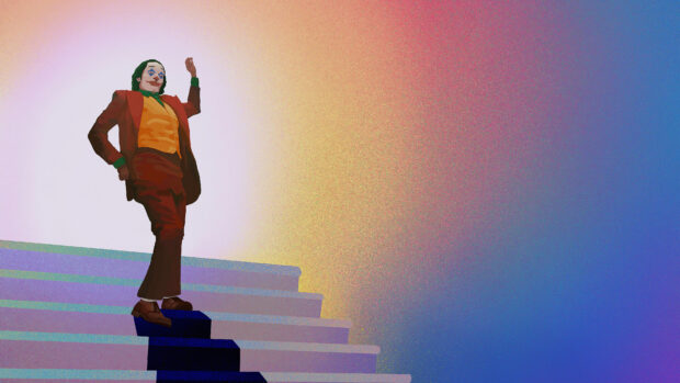 A person standing confidently on blue stairs wearing a colorful suit and face paint