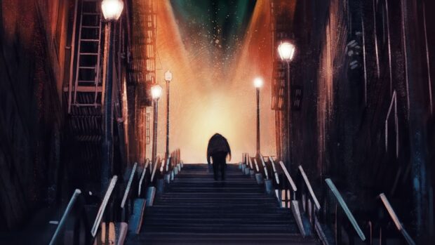 A silhouette of a person walking up the staircase at night with glowing street lamps on both sides