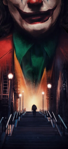 A mysterious figure walking up the dark staircase under streetlights in a cityscape