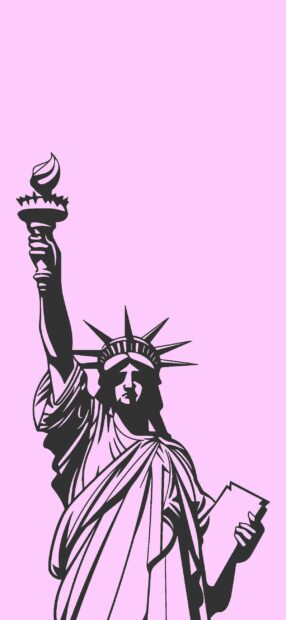 The Statue of Liberty silhouette stands tall with a torch on a pink background, 2K Phone Wallpaper