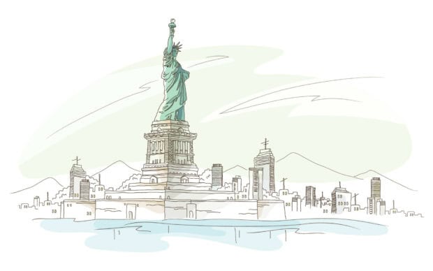 The Statue of Liberty stands tall overlooking a cityscape with mountains in the background, HD Desktop Wallpaper