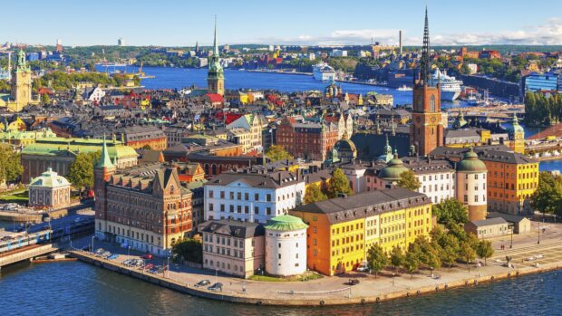 A panoramic view of Stockholm cityscape featuring historic buildings and waterways in Stockholm