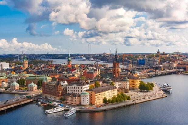 A panoramic view of Stockholm cityscape with historic buildings and waterfront in Stockholm