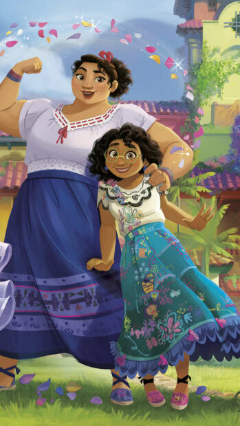 Two strong sisters from Encanto stand together smiling in a colorful garden, 4K Phone Wallpaper