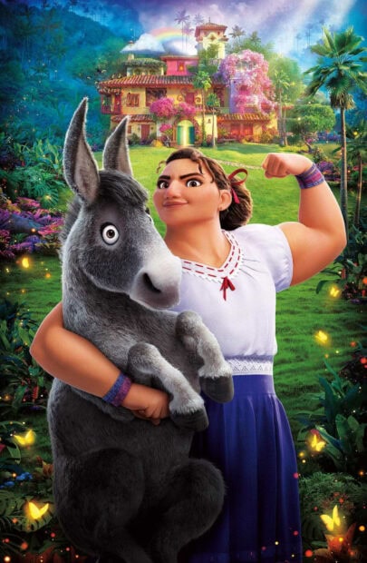 A strong woman holding a donkey with a colorful house in the background in Encanto Wallpapers, HD Phone Wallpaper