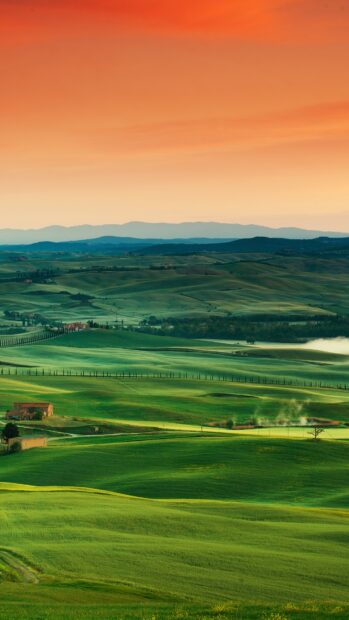The green hills under a bright orange sky create a peaceful and calming scene, 4K Phone Wallpaper