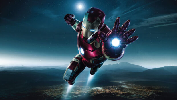 A superhero in advanced armor flying over a city at night in super heroes wallpapers, 4K Desktop Wallpaper