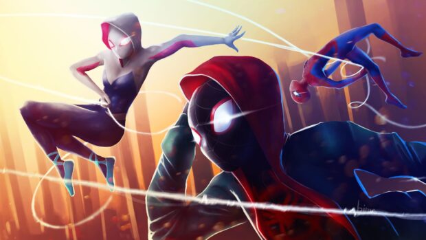 A dynamic scene featuring three super heroes swinging and leaping in a vibrant cityscape, 4K Desktop Wallpaper