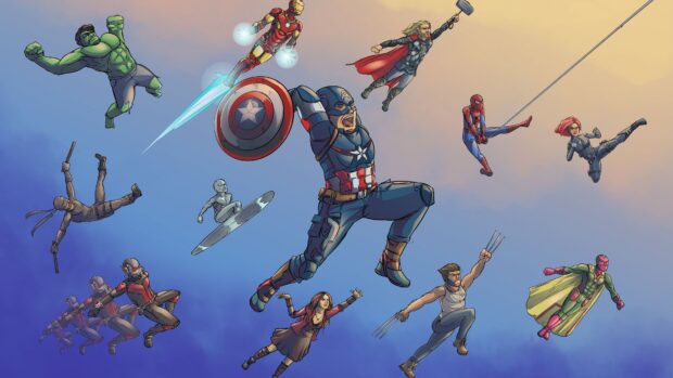 The image shows super heroes in action including Captain America and Spider Man, 4K Desktop Wallpaper