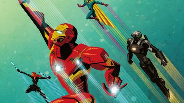 Super heroes flying in action with vibrant suits in a dynamic pose, 2K Desktop Wallpaper