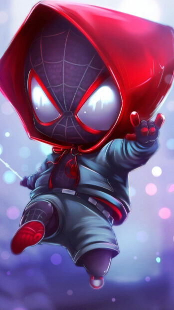 A superhero in a red hood and suit is swinging through the city with a dynamic gesture, 2K Mobile Wallpaper