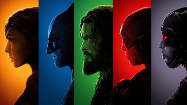 Five super heroes profiles displayed with different vibrant colored backgrounds, 4K Desktop Wallpaper