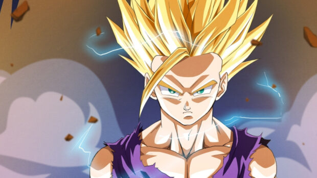 A Super Saiyan character with glowing hair prepares for battle with an intense expression, HD Desktop Wallpaper