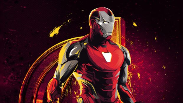 A digital art of a super hero in red and gray armor with glowing chest piece, 4K Desktop Wallpaper