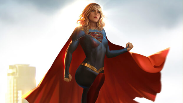 A determined superhero in a blue suit with a red cape flying over the city, 4K Desktop Wallpaper