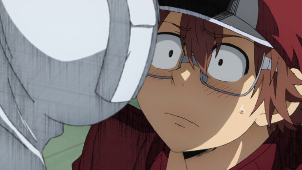 A shocked character in Cells At Work Code Black faces an unknown figure with intense expression, HD Desktop Wallpaper