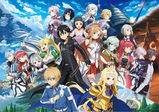 A group of Sword Art Online characters posing together in a fantasy setting, 2K Desktop Wallpaper