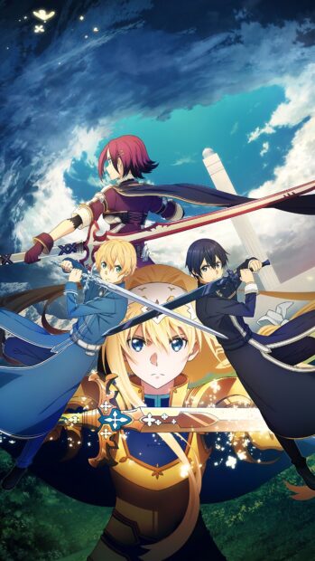 The Sword Art Online characters prepare for battle with crossed swords in front of a vibrant sky, 4K Phone Wallpaper
