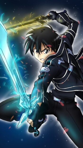 The character from Sword Art Online is in action holding two glowing swords in a battle stance, HD Phone Wallpaper