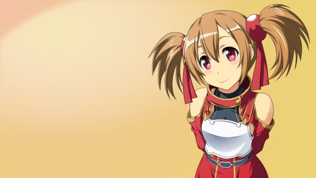 A cheerful Sword Art Online character in red and white outfit with twin ponytails, 4K Desktop Wallpaper