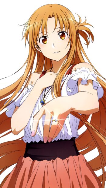 A female character from Sword Art Online showing a sparkling ring on her hand, 4K Phone Wallpaper
