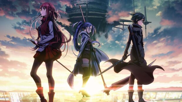 Three Sword Art Online characters stand with weapons as the sun sets behind a floating castle, HD Desktop Wallpaper
