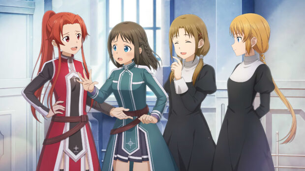 Four female characters from Sword Art Online are talking indoors in a brightly lit room, 4K Desktop Wallpaper