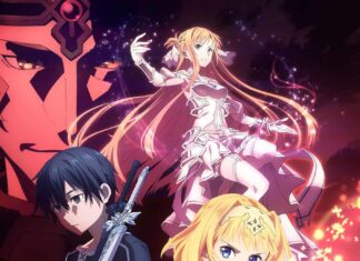 Epic anime characters with swords and magic in adventure fantasy scene.