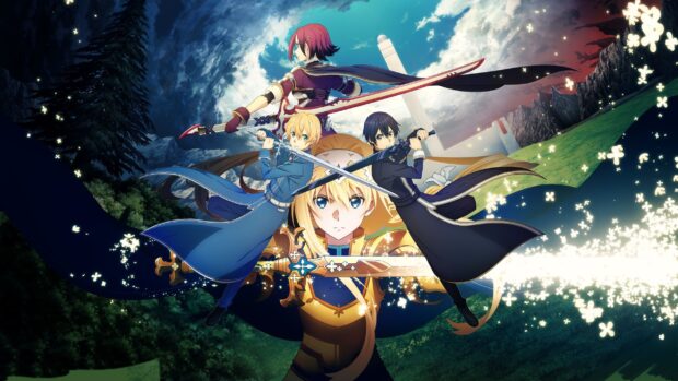 Sword Art Online wallpapers show characters ready for battle with glowing swords in a mystical landscape, 2K Desktop Wallpaper