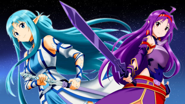 Two Sword Art Online characters holding swords under a starry night sky, 4K Desktop Wallpaper